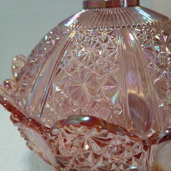 Vintage Fenton Pink Iridescent Daisy & Button Glass Covered Dish 10" × 9"in - Picture 6 of 16